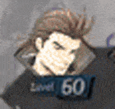 a pixel art of a man with a hat and a level 60 sign .