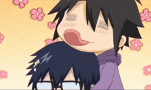a cartoon character with a purple hoodie is holding another person 's head