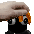 a person is petting a cartoon character 's head with a hat on .