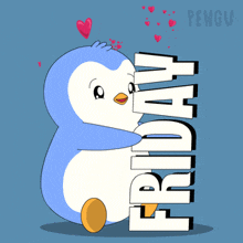 a penguin is hugging the word friday with hearts around it