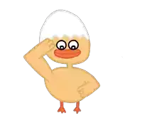 a cartoon duck with an egg shell on its head salutes