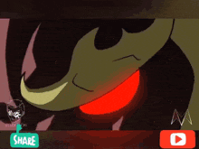 a close up of a cartoon character with a share button next to it