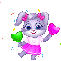 a cartoon rabbit with a pink bow on her ears is holding two heart shaped balloons