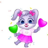 a cartoon rabbit with a pink bow on her ears is holding two heart shaped balloons