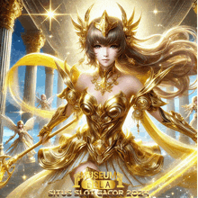 a poster of a woman in a golden armor with the words museum bella situs slot gacor 2024
