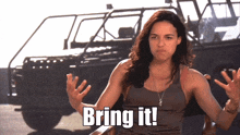 a woman says bring it in front of a truck