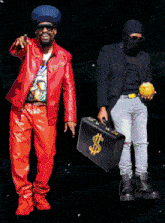 a man in a red jacket holds a briefcase with a dollar sign