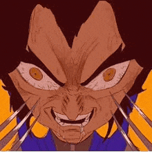 a close up of a cartoon character 's face with sharp claws coming out of his mouth .
