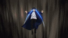 a person in a blue coat is surrounded by lightning bolts