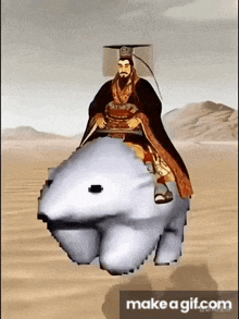 a man in a black robe is riding on the back of a polar bear .
