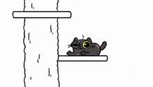 a cartoon cat with big eyes is laying on a shelf .