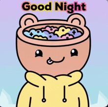 a cartoon of a teddy bear with a bowl of candy in his head and the words good night below it