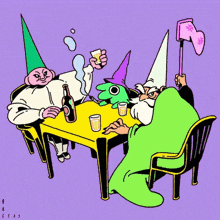 a cartoon of three gnomes sitting at a table with a frog and a bottle of beer