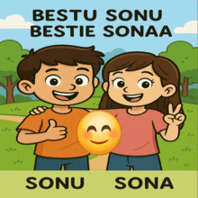a boy and a girl are posing for a picture with the words bestu sonu bestie sonaa sonu sona