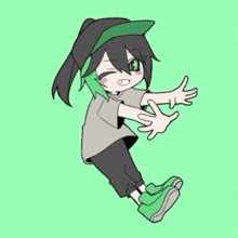 a drawing of a girl with green hair and a hat