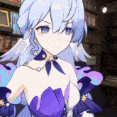 a girl in a purple dress with a star on her neck