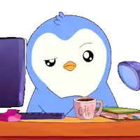 a penguin sitting at a desk with a cup of coffee