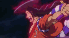 a cartoon character is holding a sword in his hand and yelling .