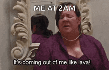 a woman in a purple dress is standing in front of a mirror and says me at 2 am