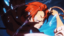 a cartoon character with red hair is holding a sword