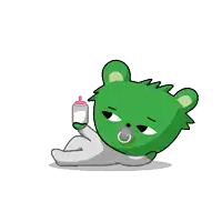 a green teddy bear with a pacifier is laying down holding a bottle of milk