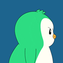 a green and white penguin with a yellow beak is making an angry face