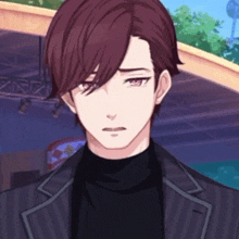 a close up of a man wearing a black turtleneck and a black jacket