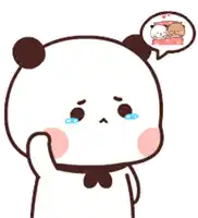 a cartoon panda bear is crying while thinking about a couple of cats sleeping on a bed .