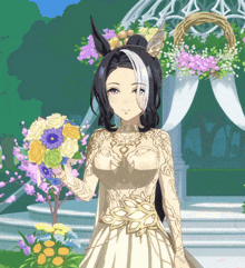 a woman in a white dress holding a bouquet of flowers