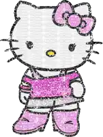 a hello kitty with a pink bow on her head is standing in front of a white background .