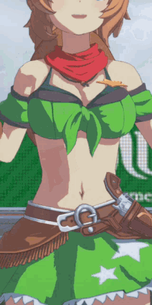 a cartoon girl in a green top and brown belt