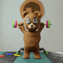 a brown teddy bear is lifting a barbell with rainbow colored plates