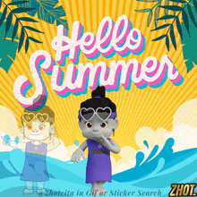a cartoon character is standing in front of a yellow background that says hello summer