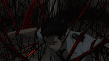a man in a white shirt and tie is surrounded by red lines