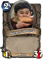 a card with a picture of a child eating a hamburger and the words burger zabujica on it