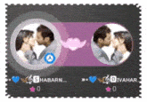 a stamp with a picture of a man and woman kissing and the name shabarn on it