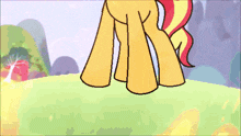 a cartoon of a yellow pony with a red mane and tail