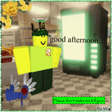 a picture of a roblox character saying good afternoon in front of a vending machine