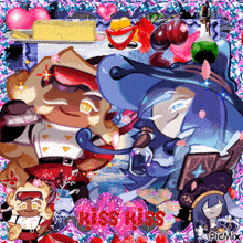 a collage of cookie run characters with the words kiss kiss on the bottom right