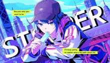 a girl in a baseball cap is eating a popsicle and says i 'll keep going