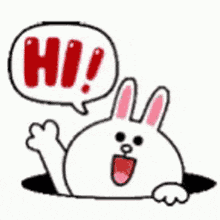 a cartoon rabbit is coming out of a hole with a speech bubble that says hi !