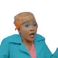a woman with a surprised look on her face is wearing a blue coat