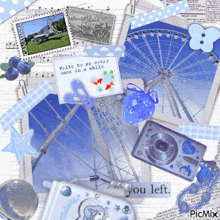 a collage of blue and white items with the words you left at the bottom