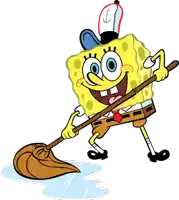 a cartoon of spongebob holding a mop and wearing a hat with an anchor on it