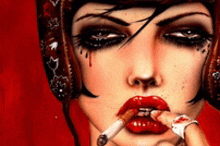 a woman with red lips is smoking a cigarette and wearing a helmet