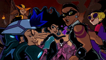 a group of cartoon characters are posing for a picture and one of them is wearing sunglasses