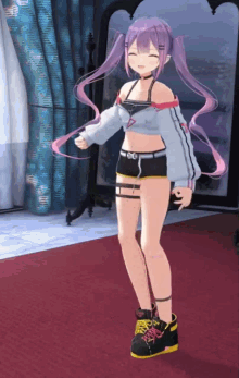 a girl with purple hair and pink pigtails is standing on a red carpet .
