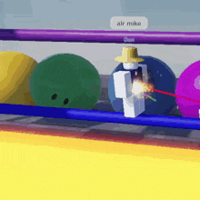 a person in a bowling alley with a sign that says air mike