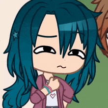 a close up of a cartoon character with blue hair