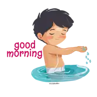 a cartoon illustration of a boy in the water with the words good morning written above him